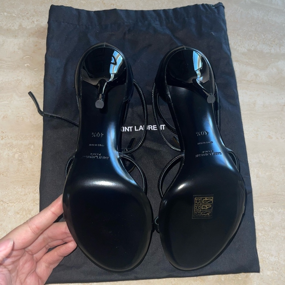 Saint Laurent Black Leather Stiletto Sandals with Gold YSL Logo - Picture 7 of 9